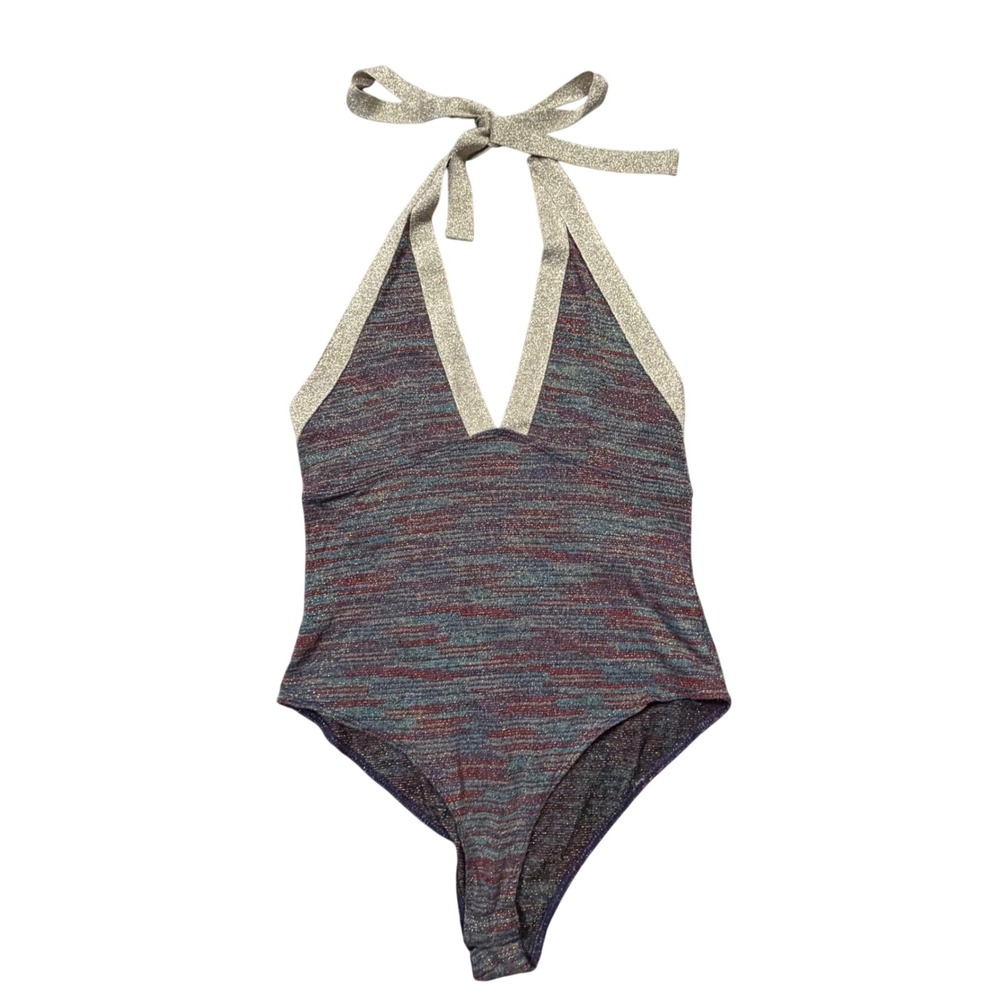 Forever 21 Metallic Knit Halter Bodysuit Rainbow Shimmer Open Back Festival Top
